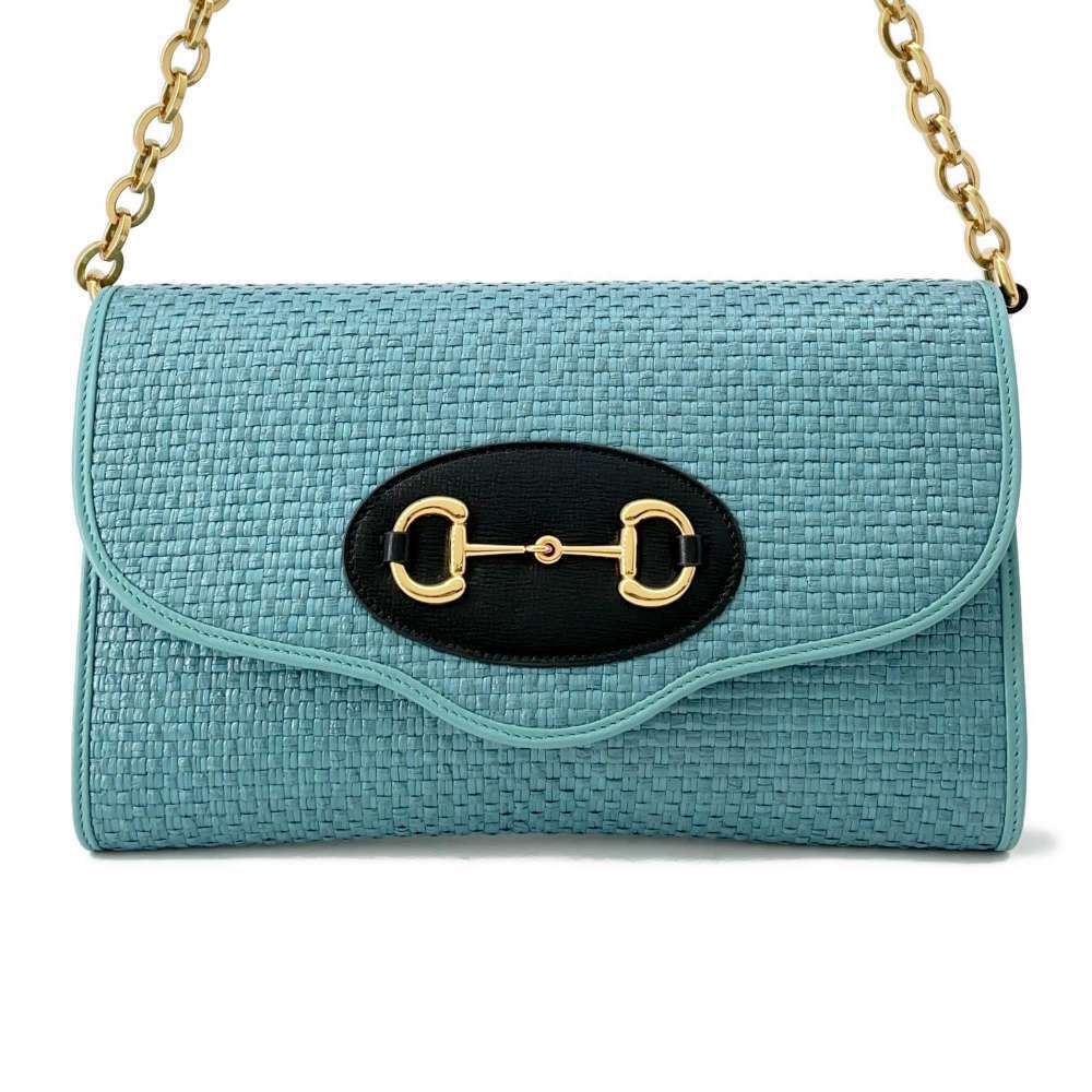 Gucci Chain Shoulder Bag Horsebit Straw Tan Clutch - Picture 1 of 12